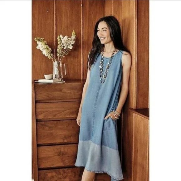 J. Jill Dresses J Jill Denim Chambray Tencel Two Tone Raw Hem Midi